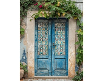 European Mosaic Tile Blue Door Print, Mediterranean Wall Art, Rustic Door Art, Moroccan Tile Door Photo, Travel Art Poster