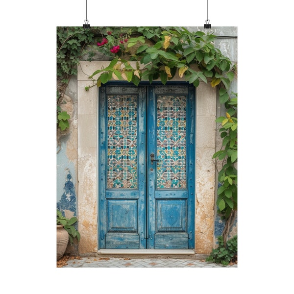 European Mosaic Tile Blue Door Print, Mediterranean Wall Art, Rustic Door Art, Moroccan Tile Door Photo, Travel Art Poster