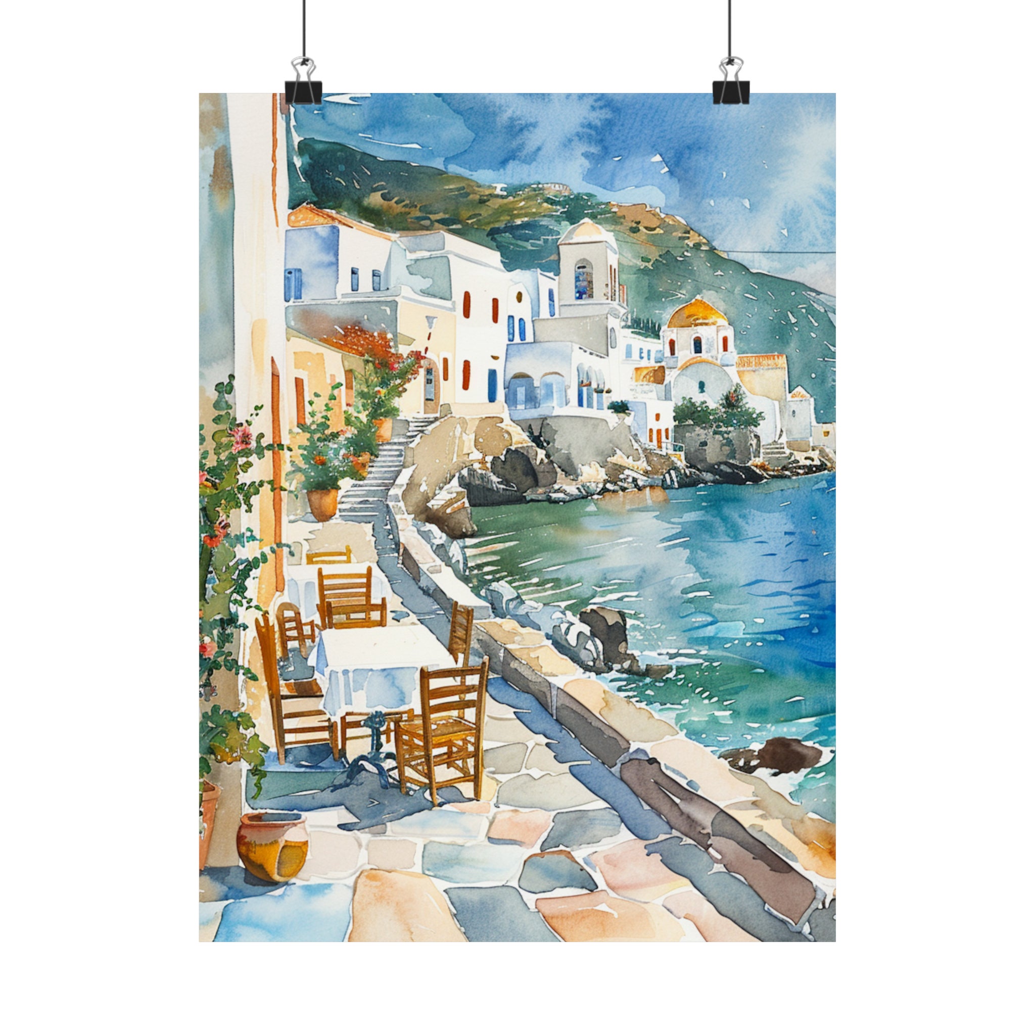 ギリシャの絵画、海辺のギリシャの水彩画、海岸沿いの壁画、趣のある