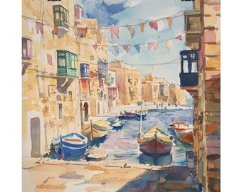 Island of Malta Painting, Europe Travel Poster, Colonial Mediterranean Seascape Art, European Watercolor Print, Valletta Malta Travel Gift