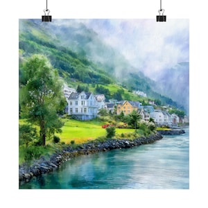 Odda Norway Watercolor Painting, Hardanger District, Fjords artwork, Norwegian Art Print, Travel Poster, Norway Travel Gift