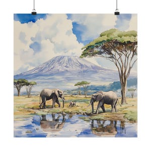 Mount Kilimanjaro Art, Africa Watercolor Painting, Africa Travel Gift, Tanzania Landscape Art, Elephant Poster, Safari Decor, Wildlife Art