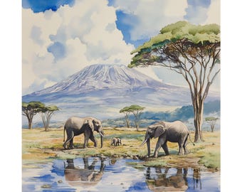 Mount Kilimanjaro Art, Africa Watercolor Painting, Africa Travel Gift, Tanzania Landscape Art, Elephant Poster, Safari Decor, Wildlife Art