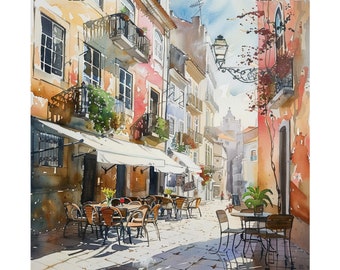 Lissabon Kunst, Portugal Straßenbild, Malerisches Straßencafe Europäischer Aquarell Druck, Portugal Wanddekor, Reiseplakat, Reisegeschenk