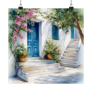 Paros Greece Watercolor Art Print: Blue Doors, Island Travel Poster