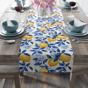 Mediterranean Table Runner, Lemons Table Runner, Italian Blue Tile Decor, Floral Kitchen Dining Decor, Lemon Decor Citrus Housewarming Gift