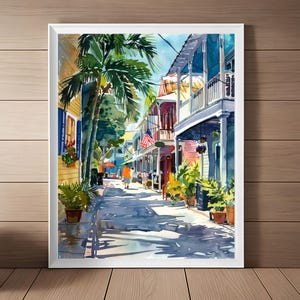 Key West Art Streetscape Painting, Florida Keys Wall Art, Florida Art Print, Travel Art, Beach Print, Cityscape Watercolor Print Download
