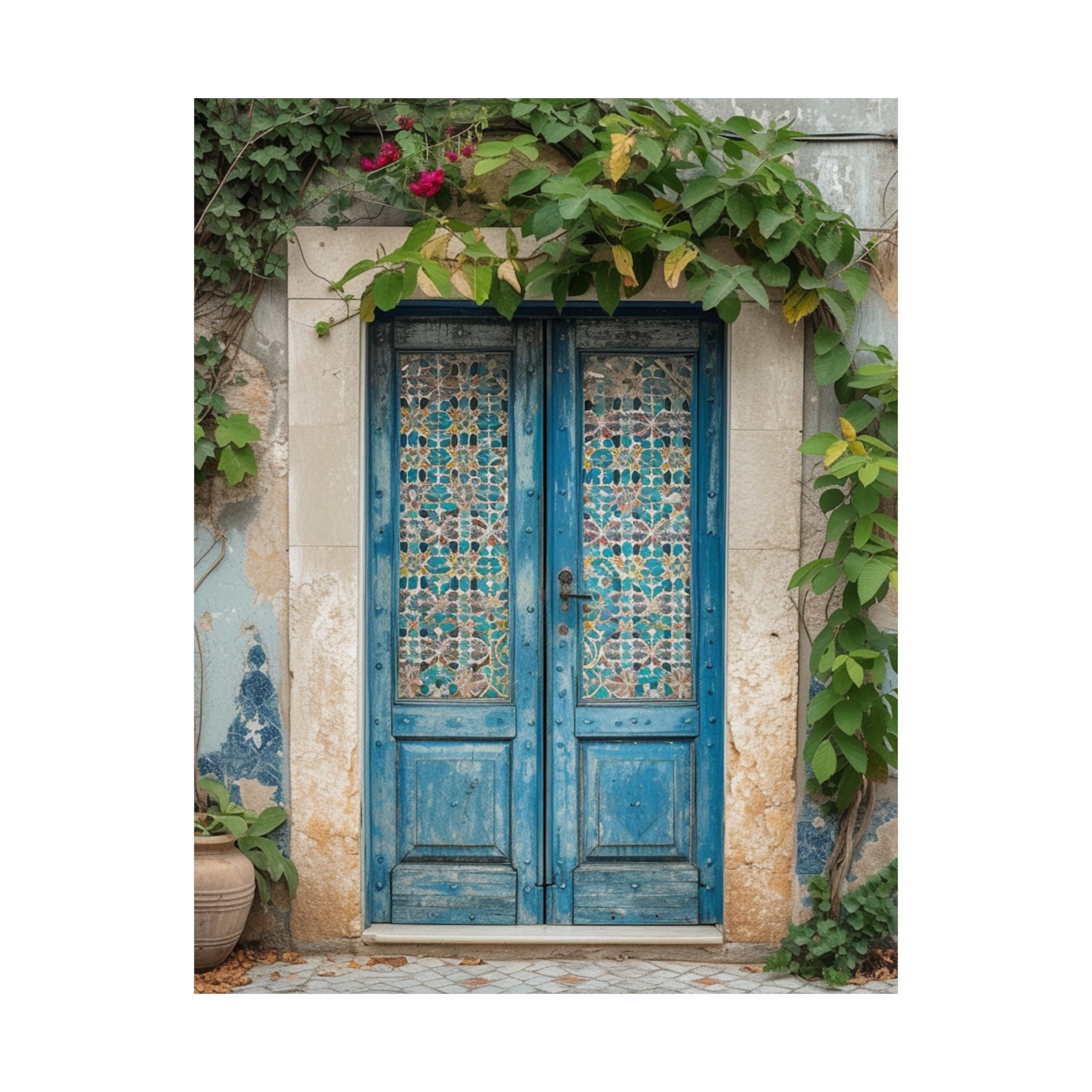 European Mosaic Tile Blue Door Print, Mediterranean Wall Art