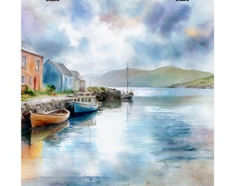 Acuarela de Dingle, Irlanda: Lámina artística de un pueblo pesquero costero, póster de viaje irlandés (ideal para regalo)