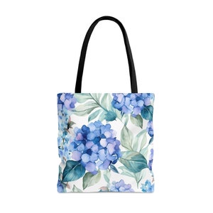 Bolsa de mano con hortensias azules, bolsa de mano con flores, bolsa de mano con flores de verano, bolsa de playa, bolsa de playa de verano con hortensias, bolsa de mano de lona botánica
