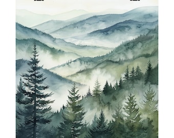 Appalachian Mountains Painting Misty Pine Trees Art Print Original Watercolor Evergreen Forest Wall Art
