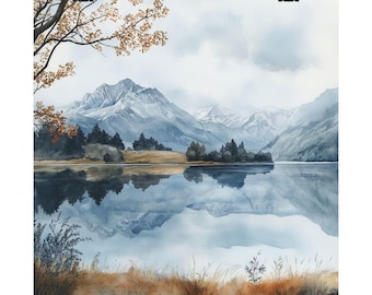 May include: A watercolor painting of a mountain lake with snow-capped mountains in the background. The lake is calm and reflects the mountains and sky. The trees on the shore are a mix of green and brown.