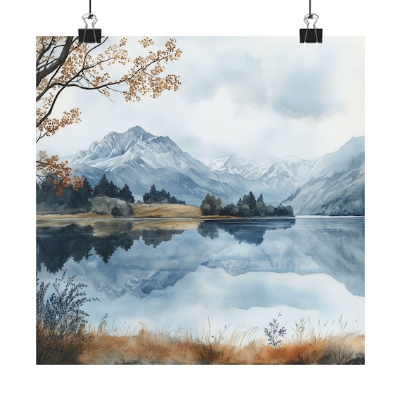 秋の山と湖の油彩画 ニュージーランドの水彩画：秋の山と湖の風景（旅行ポスター） - Etsy 日本