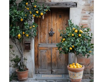Mediterranean Lemon Tree Wall Art, Rustic Italian Door, Lemons Print, Italy Decor, Italian Kitchen Art, Europe Wall Art, Travel Poster Gift