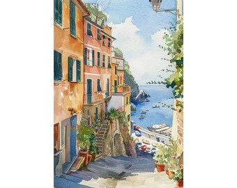 地中海の絵画 チンクエテッレのアートプリント 趣のあるイタリアの