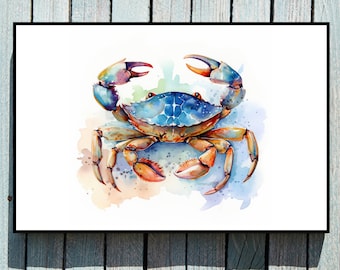 Blue Crab Watercolor Print, Coastal Wall Art, Nautical, Marine Life, Realistic, Coastal Farmhouse Water Ocean Photography Coastal Wall Decor