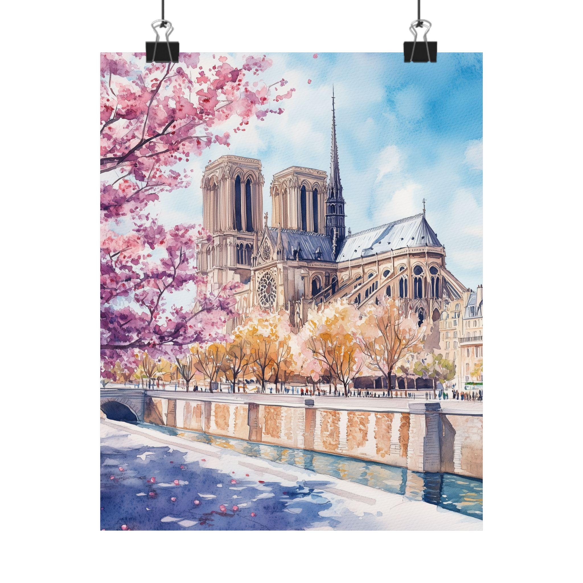Paris Watercolor Print: Notre Dame, Seine River, Cherry Blossoms