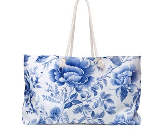 Chinoiserie Weekender Bag, Blue White Floral Bag, Hampton Blue Peony Print Bag, Chinoiserie Design Tote Bag, Gift for Mom, Bridesmaid Gift