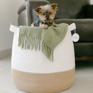 Woven Basket Rope Storage Basket - Decorative Throw Blanket Basket Living Room, Large Cotton Rope Baskets for Storage 16”x18” Laundry Basket