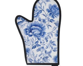 Manopla de horno Chinoiserie, guante de horno Chinoiserie, soporte de olla con estampado de porcelana, manopla de horno de peonía azul, manopla de cocina floral blanca azul, manopla botánica