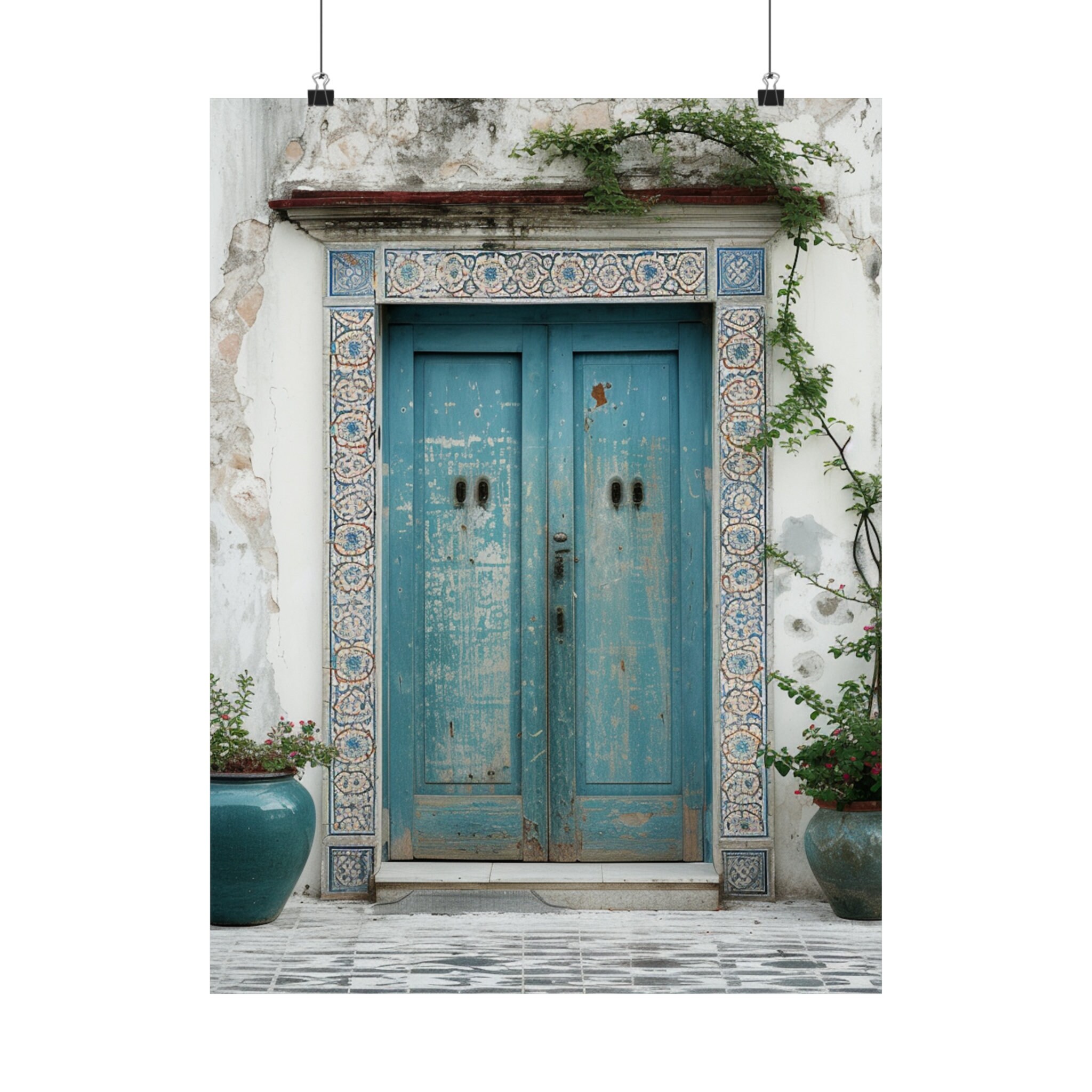 European Rustic Blue Door Art Print, Vintage Mediterranean Wall