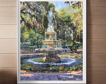 Pintura de fuente del parque Savannah Forsyth, robles con musgo español, arte mural, impresión de arte sureño histórico, acuarela de Georgia, descarga digital