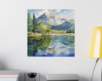 ユタ州ティンパノゴス山の水彩画、山、湖の反射風景画、アメリカ西部の