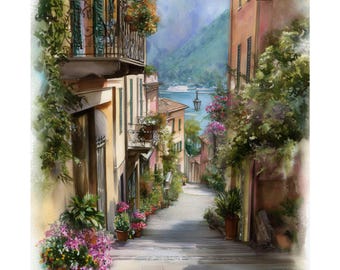 Impressão artística em aquarela do Lago Como: Pôster de viagem de Bellagio, Itália