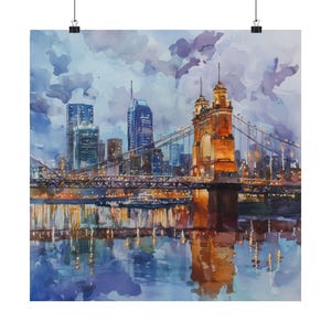 Ohio Wall Art, Cincinnati Art Print, Watercolor Painting, Ohio River Cityscape, US Wall Decor, Travel Poster, Midwest USA Travel Gift