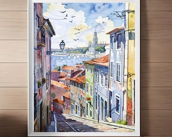 May include: A watercolor painting of a narrow, cobblestone street in a European city. The street is lined with colorful buildings and leads up a hill. There are boats in the water in the distance and a church steeple in the background.