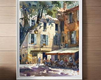Impresión de un café del sur de Francia, pintura de Aix-en-Provence, impresión de acuarela de paisaje urbano, decoración de pared francesa, arte de la Costa Azul, descarga de viajes
