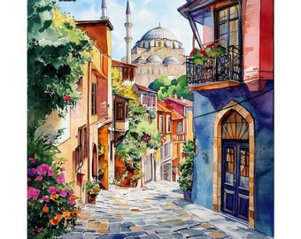 May include: A watercolor painting of a narrow street in a city with colorful buildings. The street is lined with lush green trees and flowers. A large mosque with a dome is visible in the distance.