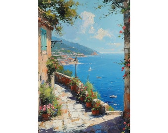 カプリ島イタリアの絵画、イタリアの海岸風景の壁画、素朴な地中海の