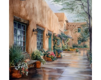 May include: A watercolor painting of a Southwestern-style building with a tan stucco exterior. Teal window frames and doors contrast with the warm tones. Terra cotta pots overflow with colorful flowers, and a bench sits near the entrance.