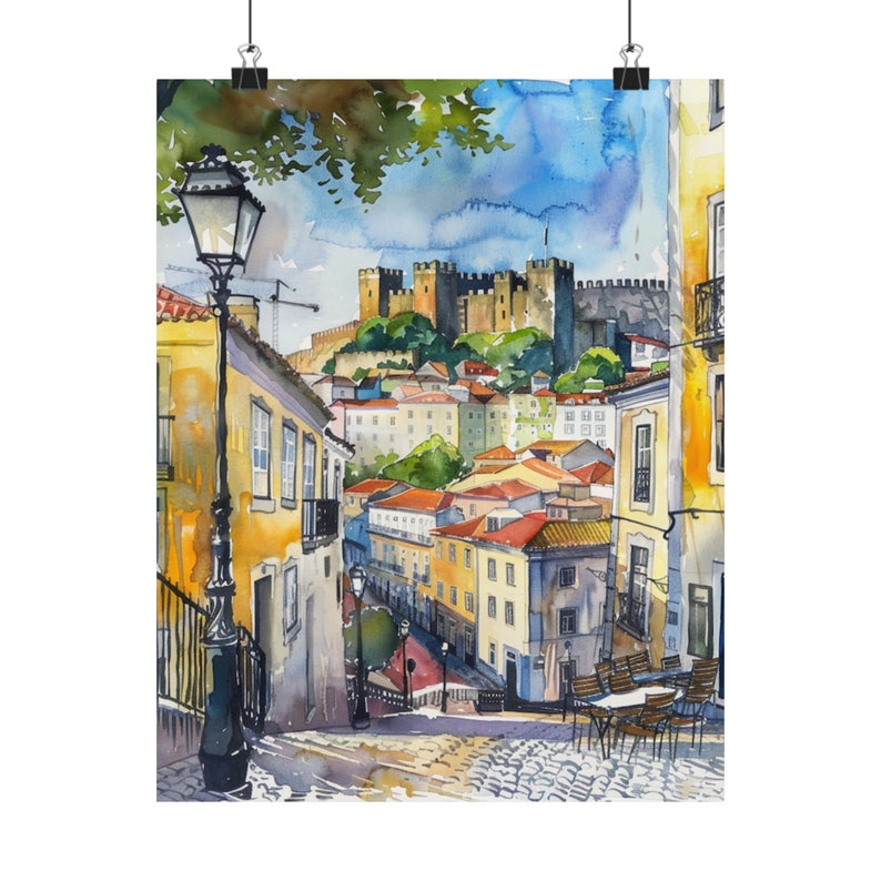 Portugal Painting Lisbon Streetscape Art Print, Portuguese Watercolor Print, Portugal Travel Art, Lisbon Castle, Europe Wall Decor