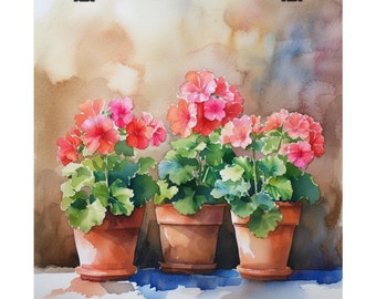 Geranium Painting Floral Watercolor Art Print Geranium Pots Wall Art Garden Flowers Prints Farmhouse Wall Decor Poster