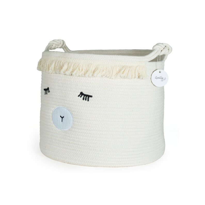 cotton rope basket with cute lamb face. Sheep theme nursery basket for toy storage or laundry. Soft basket eco-friendly and safe for baby skin.