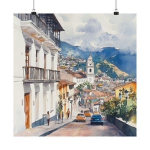 Quito Art, Ecuador Watercolor Painting, Andean Mountains Print, Incan Artwork, Latin American Art, Travel Poster, South America Travel Gifts