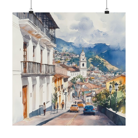 Quito Art, Ecuador Watercolor Painting, Andean Mountains Print, Incan Artwork, Latin American Art, Travel Poster, South America Travel Gifts