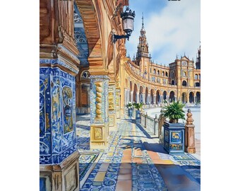 セビリアのアート、スペイン広場の水彩画、スペインの壁画、セビリアの
