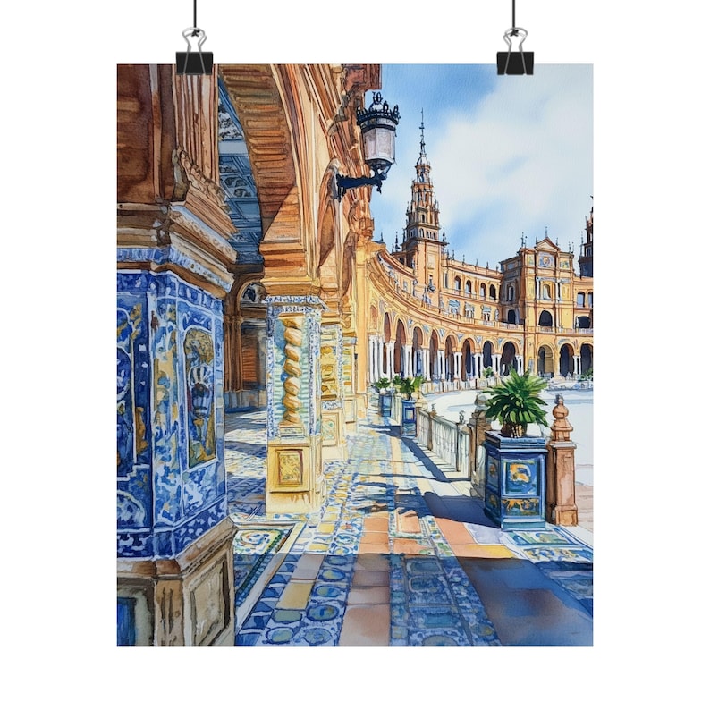 Art de Séville, aquarelle de la Plaza de Espana, art mural Espagne, paysage urbain de Séville, art espagnol, décoration espagnole, cadeau affiche de voyage en Europe image 4