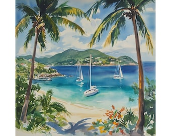 Tortola art, British Virgin Islands Watercolor Painting, BVI print, Tropical Seascape, Caribbean Art, Travel Poster, Beach Travel Gift
