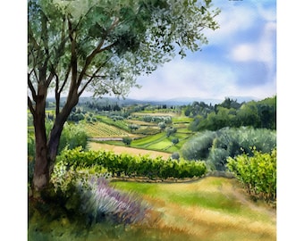 Tuscany Italy Watercolor Print: Italian Countryside Art, Olive Trees, Vineyards, Travel Poster Gift