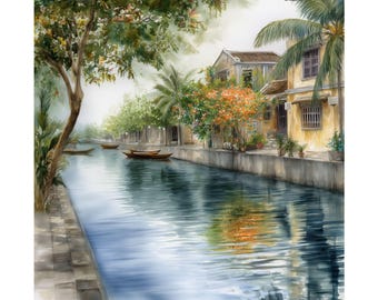 ベトナムの街並みの水彩画：東南アジアの旅のオリジナルアート - Etsy 日本