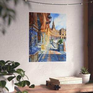 Seville Art, Plaza De Espana Watercolor Painting, Spain Wall Art, Seville Cityscape, Spanish Art, Spanish Decor, Europe Travel Poster Gift