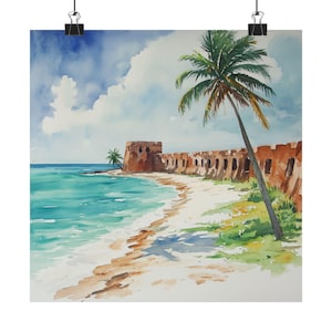 Dry Tortugas Art, Florida Fort Jefferson, National Park Print, Watercolor Painting, Seascape, Island Wall Art, Florida Travel Poster Gift