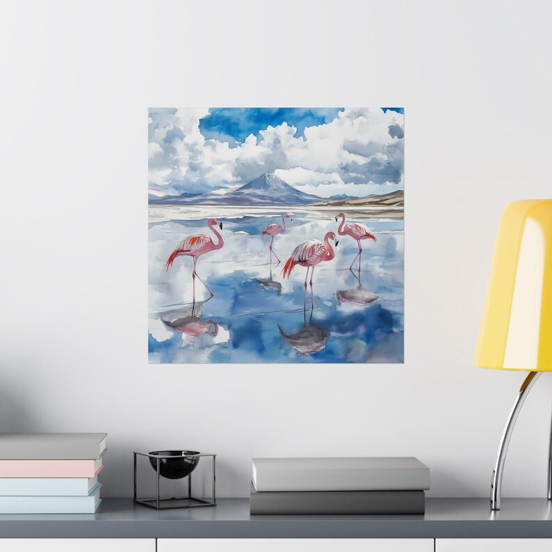 Bolivia Watercolor Painting: Pink Flamingos, Salar de Uyuni Art Poster image 10