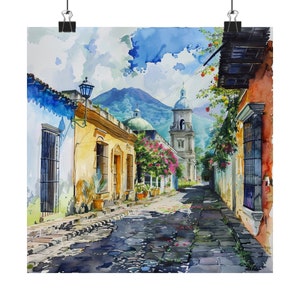 Guatemala Painting, Antigua Streetscape Art Print, Colonial Central America Watercolor Print, Guatemala Travel Poster, Travel Gift