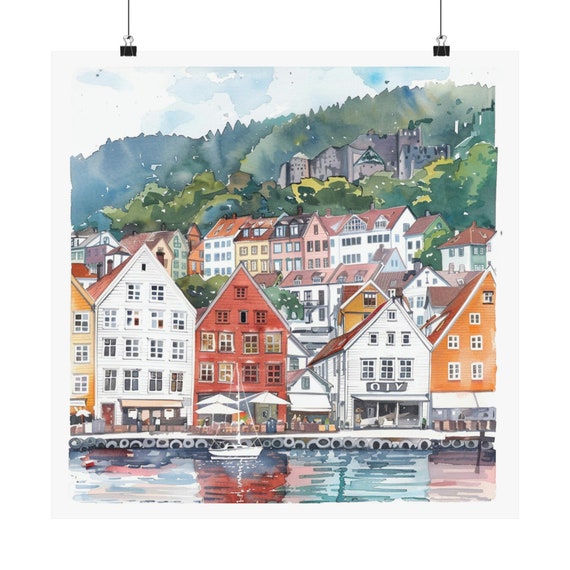 アメリカで版画化ノルウェー　ベルゲン　ヨーロッパ　風景画 白 インテリア 北欧 アメリカで版画化ノルウェー ベルゲン ヨーロッパ 風景画 白