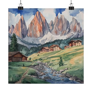 Dolomites Painting, Dolomiti Alps Art Print, Dolomite Mountains Italy Wall Art, Italian Travel Poster, Landscape Art, Europe Travel Gifts